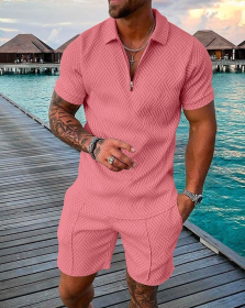 Polo Shirt Sports Short Sleeve Shorts Suit For Men (Option: Pink-2XL)
