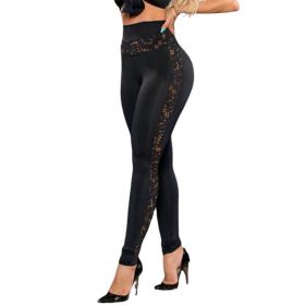 Lace Panel Side Leggings Yoga Pants (Color: BLACK, size: M)