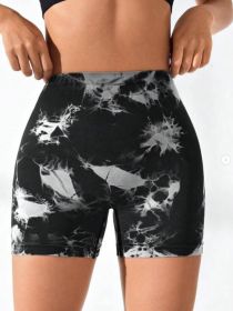 Women's Tie Dye High Waist V-Back Scrunch Yoga Shorts, Seamless Sport Athletic Shorts With Stretch Fabric, Fitness Workout Bottoms (Color: BLACK, size: M)