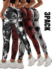 3 Pack Women's Scrunch Workout Leggings, High Waisted Butt Lifting Tie-dye V Back Waist Seamless Gym Yoga Leggings (Color: 3PACK1, size: L)
