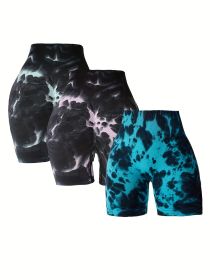3 Pack Tie-dye High-waisted Butt-lifting Women's Sports Yoga Shorts (Color: 3PACK2, size: S)