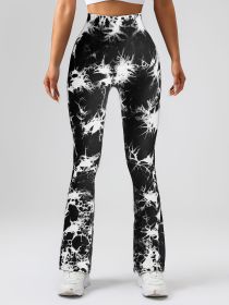 High-Waist Tummy Control Flare Yoga Pants For Women, Tie-Dye Stretch Slimming Bootcut Workout Pants, Fitness & Sports Activewear (Color: BLACK, size: L)