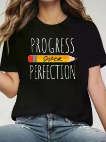 Progress Over Perfection Motivational Teacher T-Shirt - Women's Casual Round Neck Short Sleeve Top, Black Graphic Tee for Summer Inspiration (Color: BLACK, size: XXL)