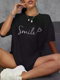 Women's Casual T-Shirt | Black with White Heart & 'Smile' Print | Round Neck, Short Sleeve | Breathable & Machine Washable | Versatile Summer Top (Color: BLACK, size: L)
