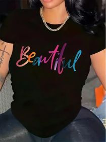 Soft & Breathable Women's T-Shirt with Vibrant "BEAUTIFUL" Letter Print - Casual Crew Neck Short Sleeve, Lightweight & Comfortable for Casual Attire (Color: BLACK, size: XXXL)