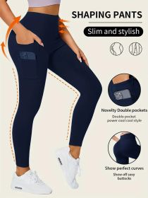 Solid Color Yoga Pants With Pocket, High Stretch Stretch Running Fitness Sports Leggings, Women's Activewear (Color: Navy, size: L)