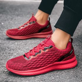 2024 new men's sports shoes flying woven leisure running shoes (Color: Red, size: 44)