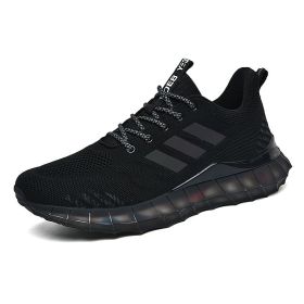 Popular men's breathable flying woven sneakers casual mesh shoes Popcorn sole running shoes 39-44 (Color: BLACK, size: 44)