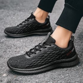 2024 new men's sports shoes flying woven leisure running shoes (Color: BLACK, size: 42)